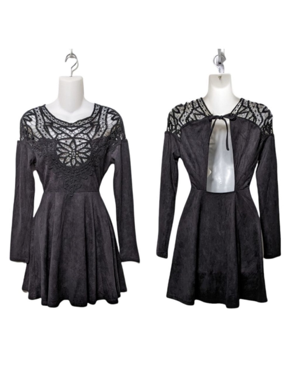 NWT SELFIE LESLIE Faux Suede Lace Cutout Back Skater Dress S